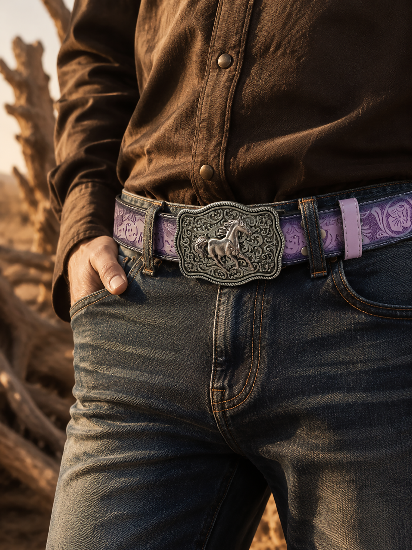 Corset Waist Cinch - A purple Western cowboy-style belt inlaid