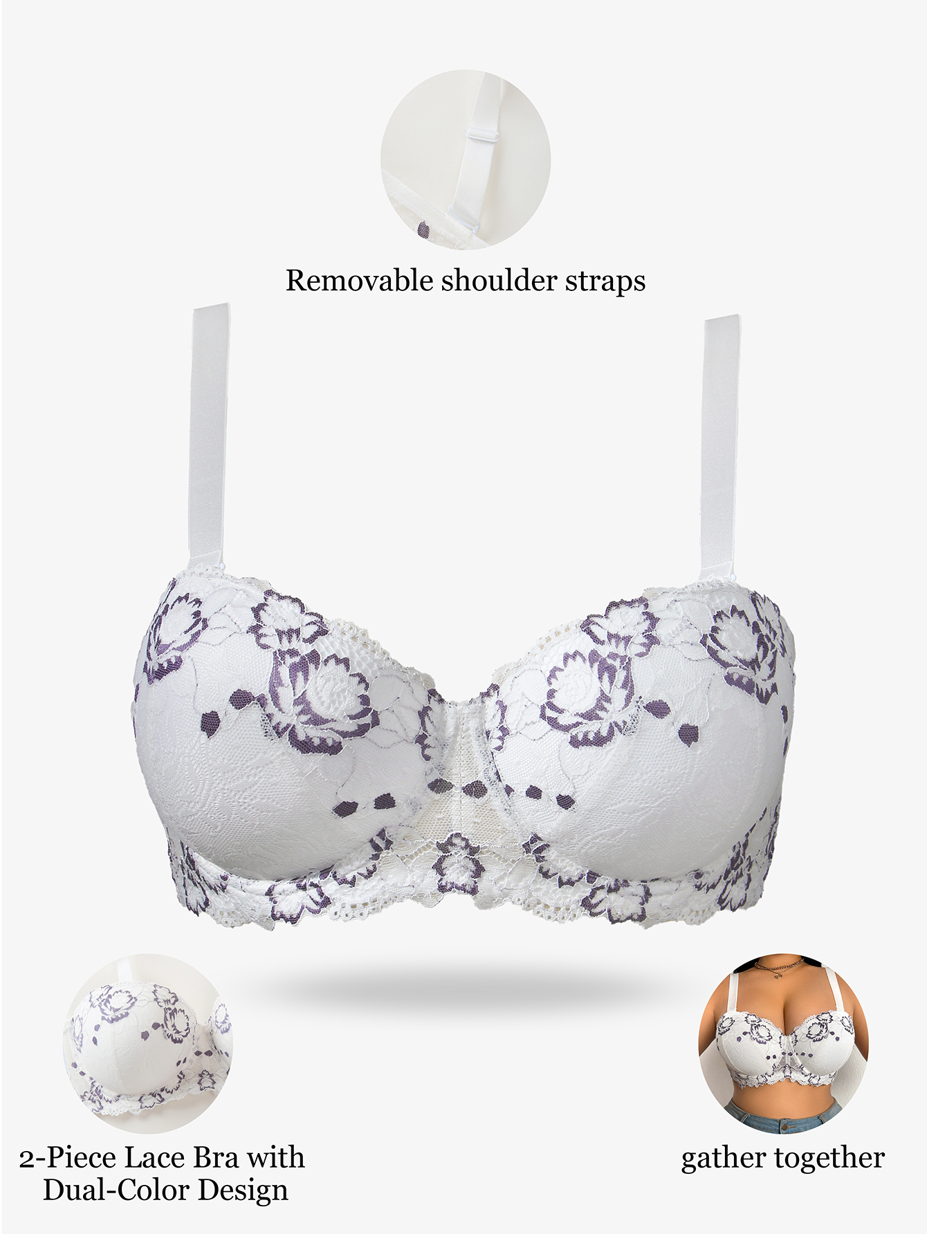 Plus Size Lace & Embroidery Wo - Push Up Bra Padded 评论和价格