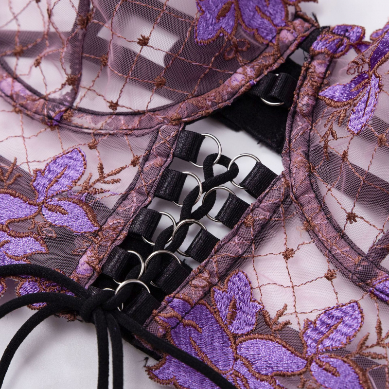 Bikini Thin Embroidered Bra Se - Garter Belt Set 评论和价格
