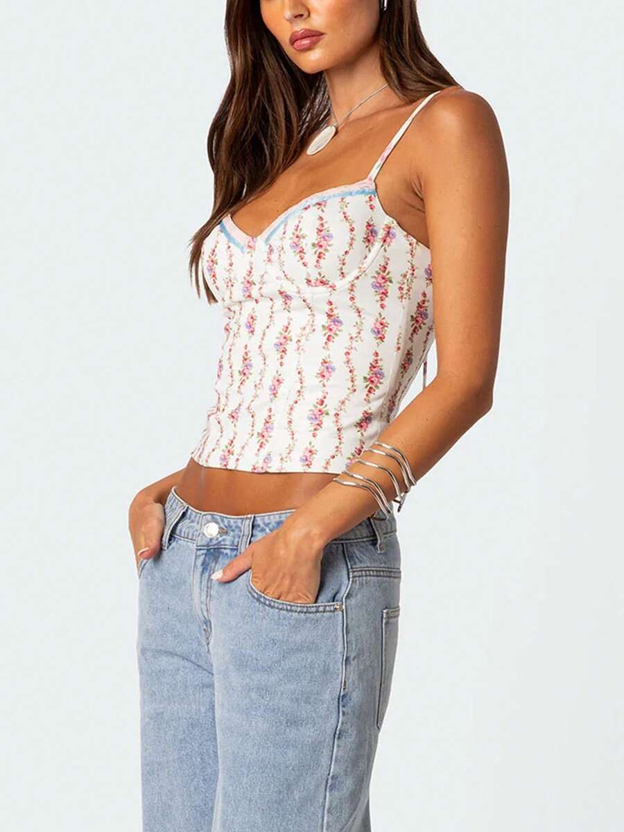 Women Floral Print Tie Strap V - Cami Top Lace 评论和价格