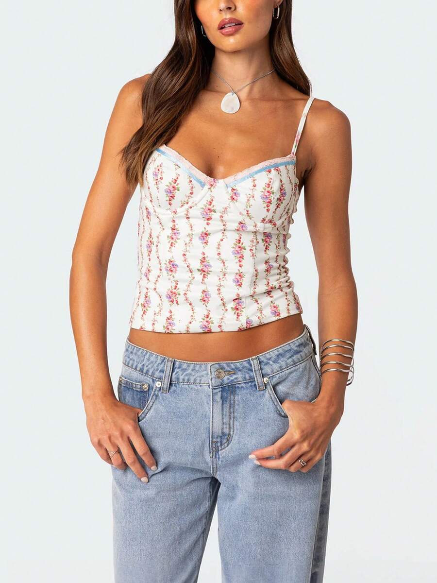 Women Floral Print Tie Strap V - Cami Top Lace 评论和价格